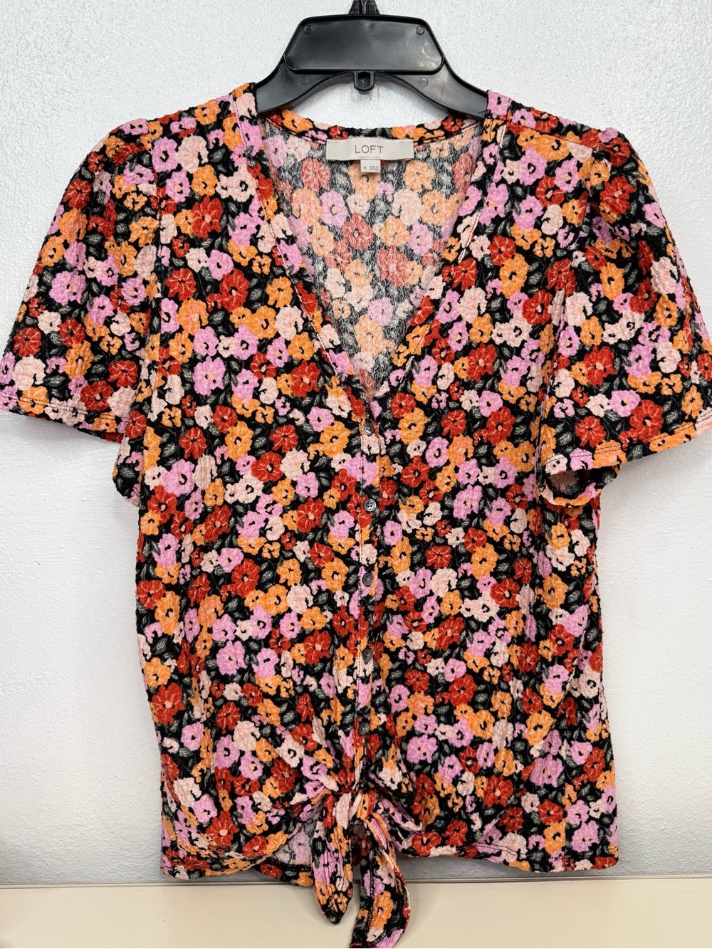 LOFT Blouse Womens Medium Multicolor Floral V-Neck Short Sleeve Button Knot Tie